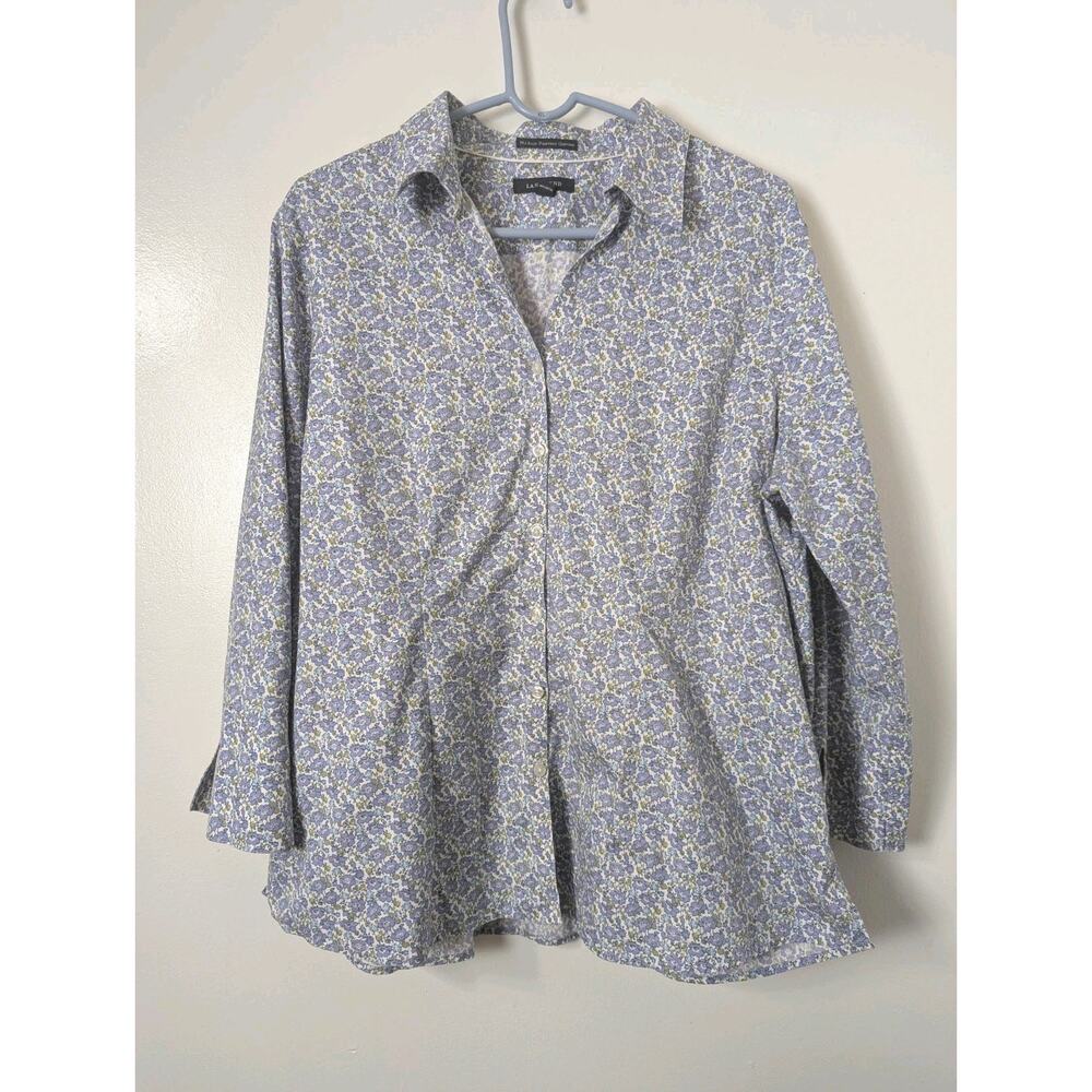 Lands' End Purple Floral Button Up Shirt Size 18 3/4 Sleeve No Iron Pinpoint